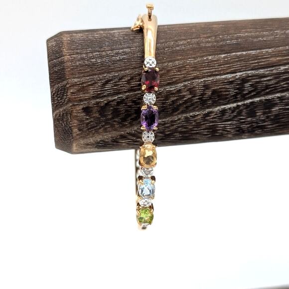 Multi Semi-Precious Gemstone Gold Tone Oval Bangle Bracelet - Picture 2 of 6